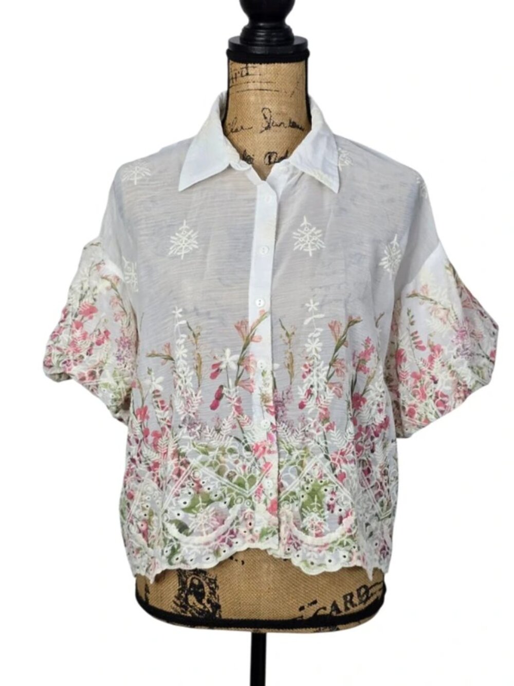 Liv Los Angeles Ivory Boho Floral Embroidered Puff Sleeve Blouse Medium NEW